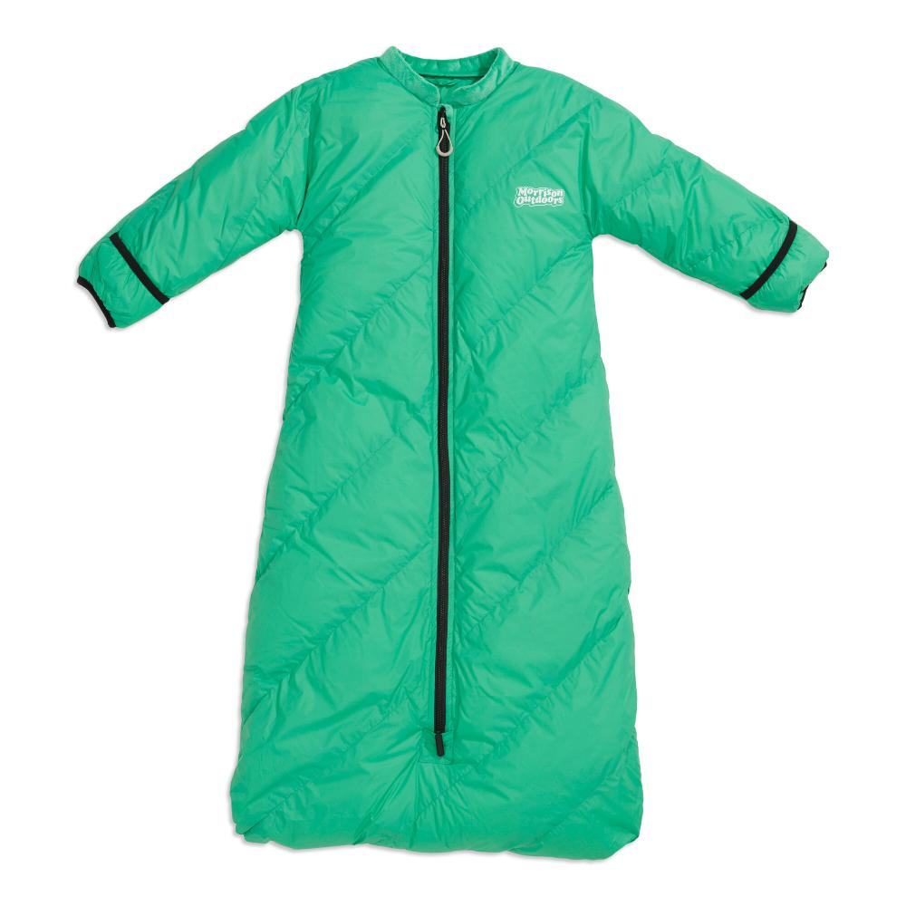 A bright green puffer sleeping bag or quilted coverall with long sleeves, a full front zipper, and black trim on the cuffs, shown against a plain white background.