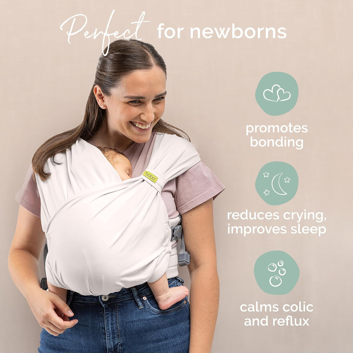 Boba Bliss is perfect for newborns Woman using a baby carrier with text highlighting benefits on a beige background