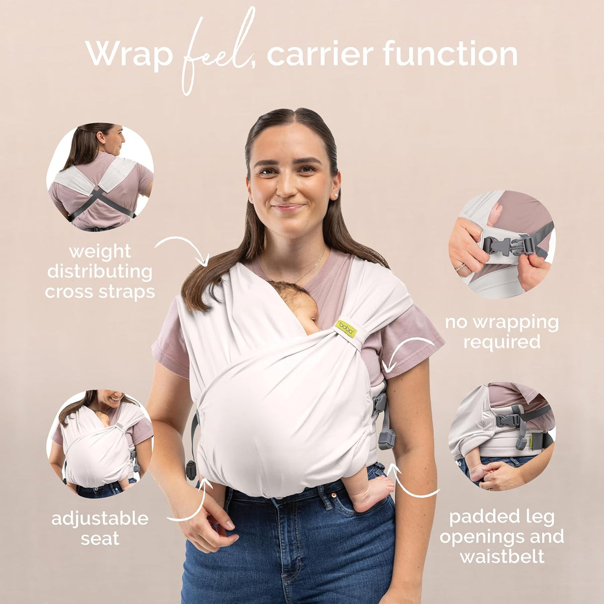 Boba Bliss Hybrid wraps and buckle carrier with no wrapping need, image shows Woman using a baby carrier with text highlighting its features on a beige background