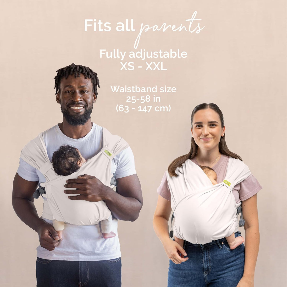Boba Bliss adjustable size chart showing Two people using baby carriers with text indicating size range and adjustable features.