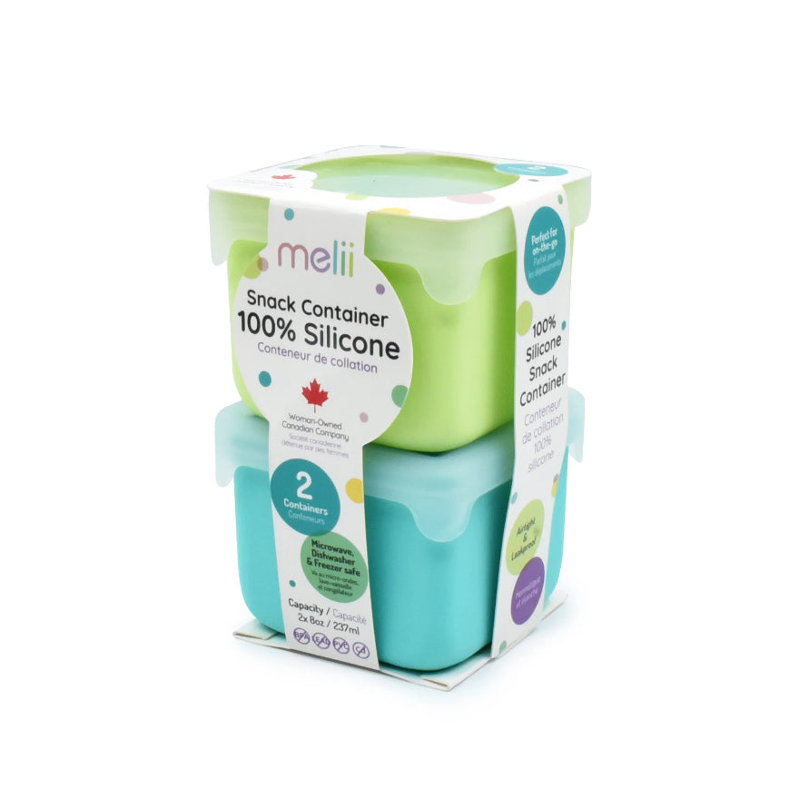 2 pack of silicone snack pots in blue and green in Melii packaging on white background
