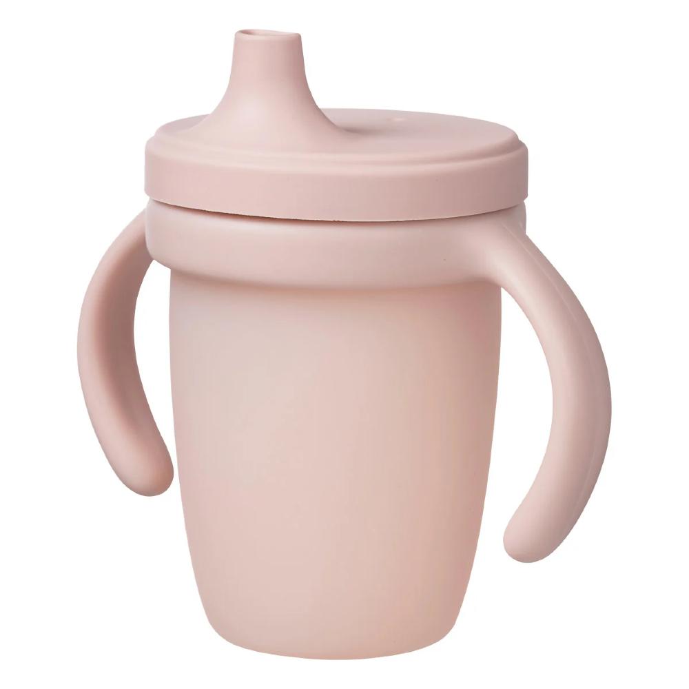 Pink sippy cup with handles on a white background