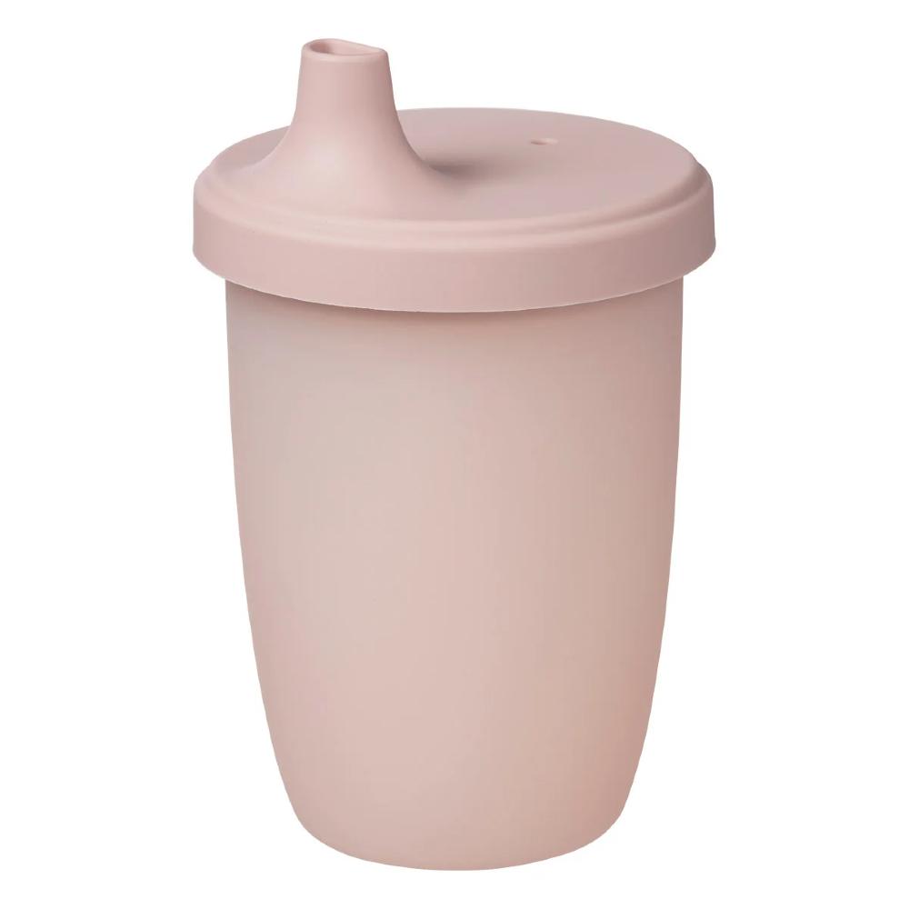 A matte dusty pink silicone baby tumbler with a matching lid and integrated spout, shown on a solid white background.