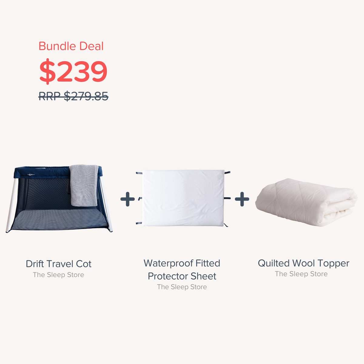 Bundle Tile - Drift cot, Protector sheet and quilted wool topper