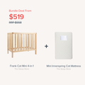 A bundle deal graphic showing a light natural wood baby crib next to a white quilted mattress, with text reading 'Bundle Deal From $519 RRP $558' and product names 'Frank Cot Mini 4-in-1' and 'Mini Innerspring Cot Mattress' from The Sleep Store.
