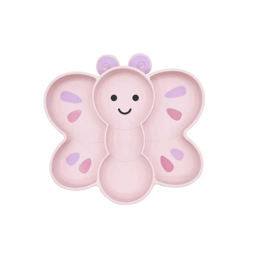Pink butterfly-shaped silicone plate  with compartments on a white background