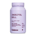 A light lavender bottle of Cadence Inositol Doll dietary supplement powder on a solid white background.