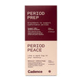 Cadence Period Prep and Period Peace dietary supplement boxes stacked vertically on a white background.