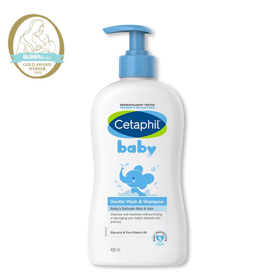 White Cetaphil baby wash bottle against white background.