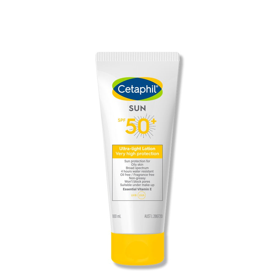 White Cetaphil sunscreen bottle against white background.