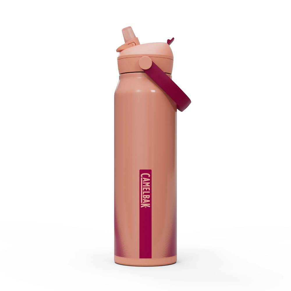 CamelBak water bottle with pink lid and handle on a white background