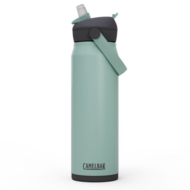 Green and black flip straw top stainless steel insulated water bottle 