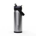 Black and silver flip straw top stainless steel insulated water bottle