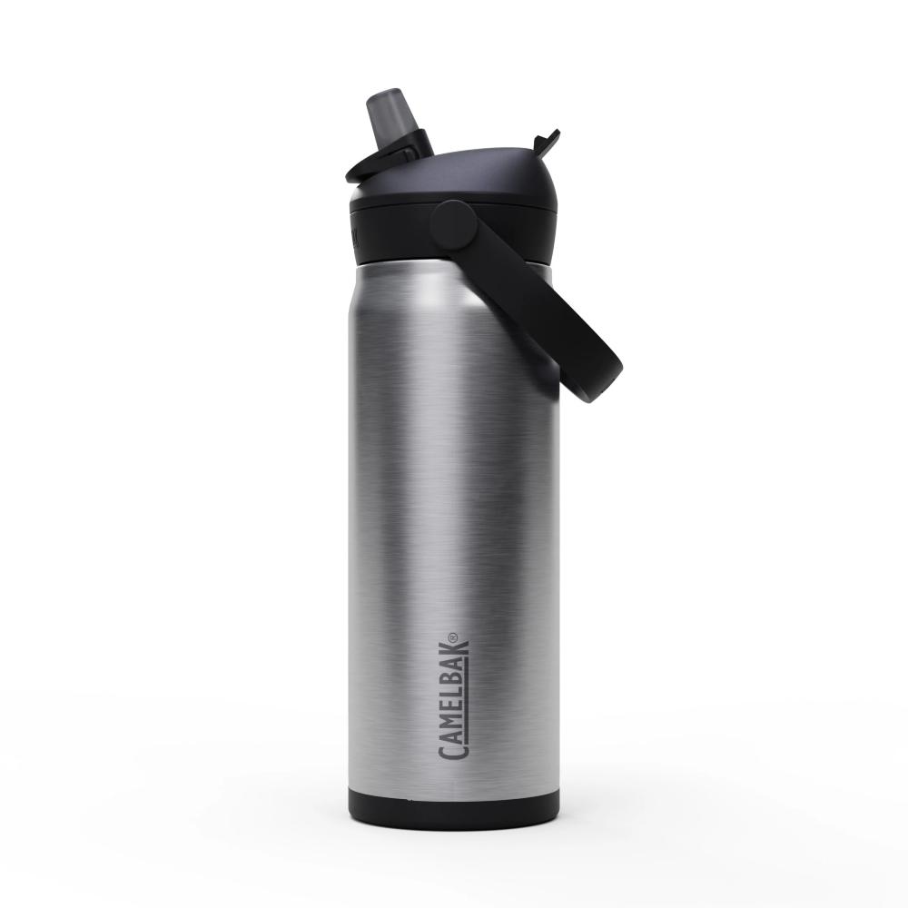 Black and silver flip straw top stainless steel insulated water bottle