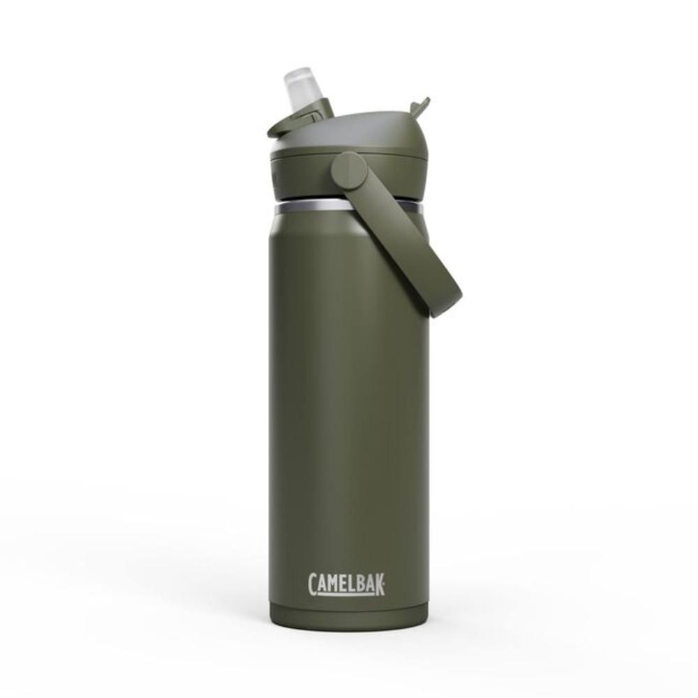 Olive green flip straw top stainless steel insulated water bottle