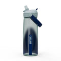 CamelBak water bottle with gradient design and blue handle on a white background