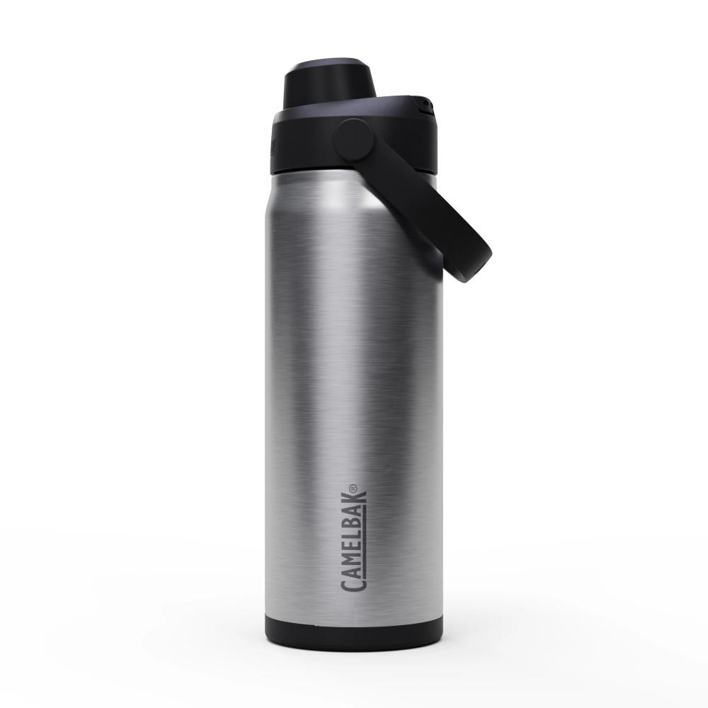 Black and silver chug top stainless steel insulated water bottle