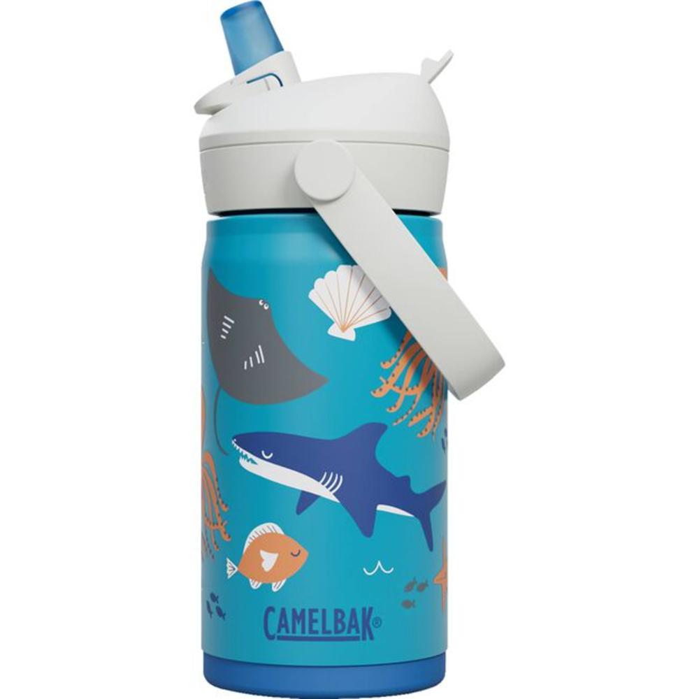 White and blue with sharks kids flip straw stainless steel insulated water bottle