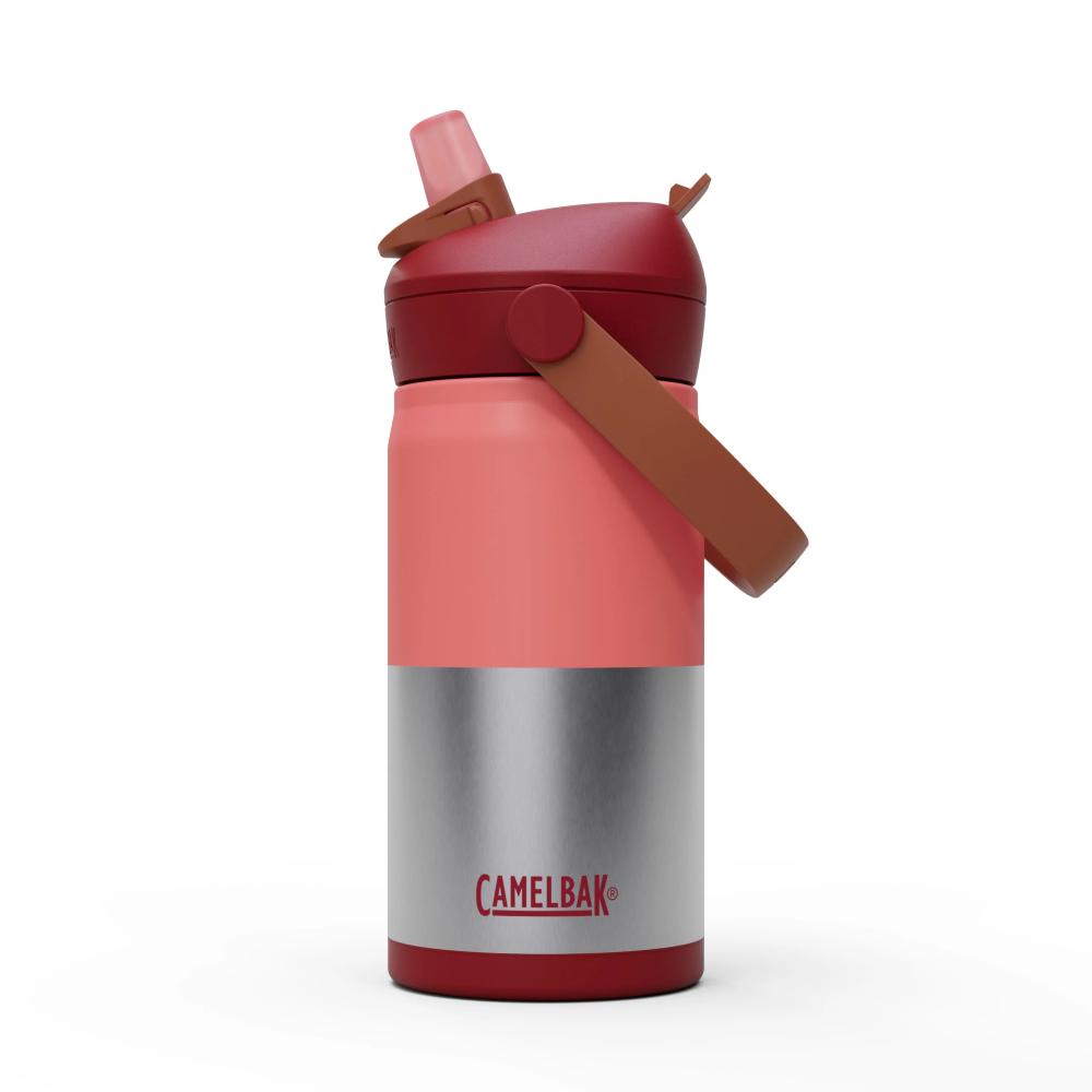 Red and peach kids flip straw stainless steel insulated water bottle