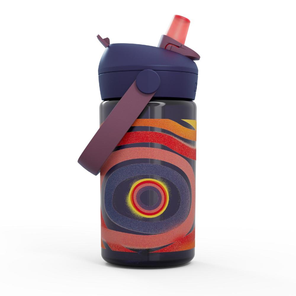 Purple with multicoloured swirl design kids flip straw plastic water bottle