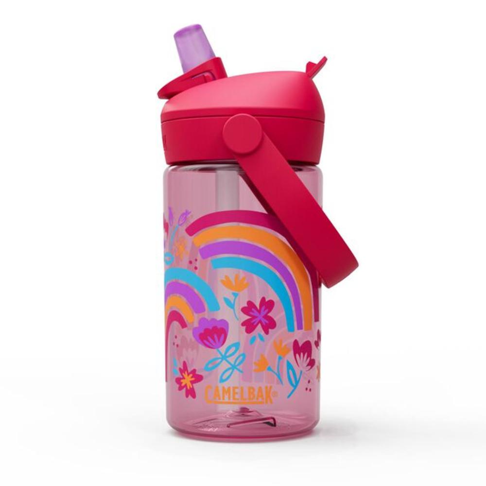 Pink with flowers and rainbows kids flip straw plastic water bottle