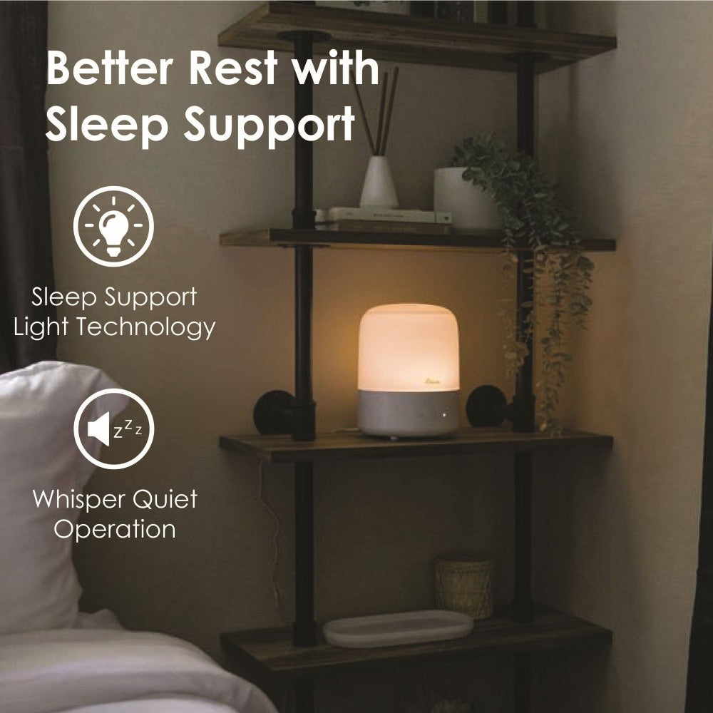 Humidifier on shelf with light operating with text about sleep support and light technology.