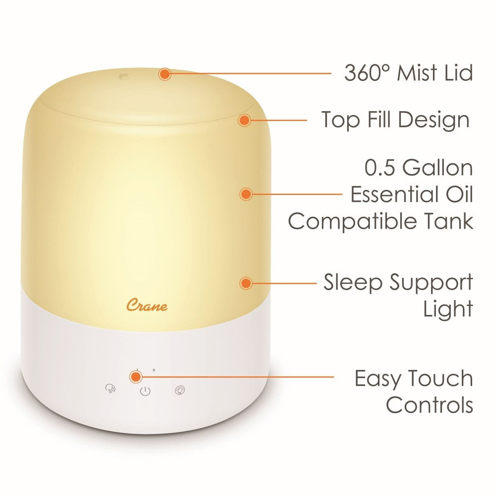 Crane Humidifier with information abouit essential oil compatibility and sleep support features on a white background