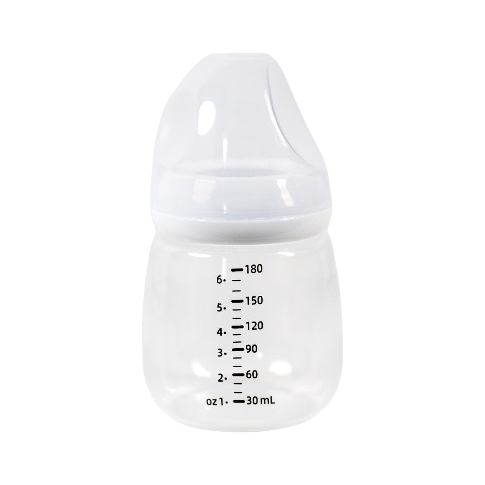 A clear plastic baby bottle with black measurement markings in ounces and milliliters, featuring a clear silicone nipple, shown against a plain white background.