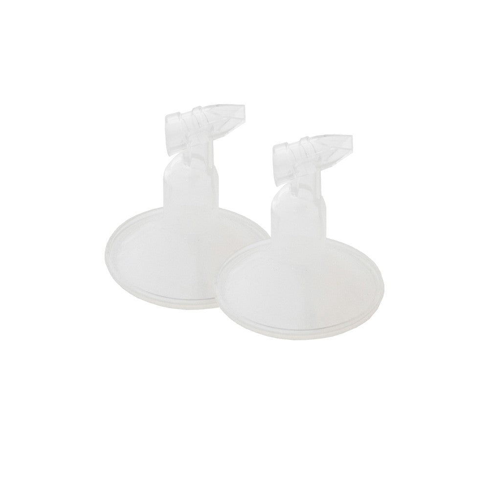 Two clear silicone pump diaphragms for a breastpump on a white background