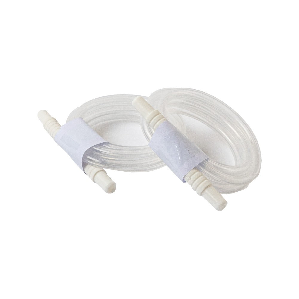 Two clear plastic tubing connectors with white plastic fittings, shown coiled with white paper bands on a plain white background.