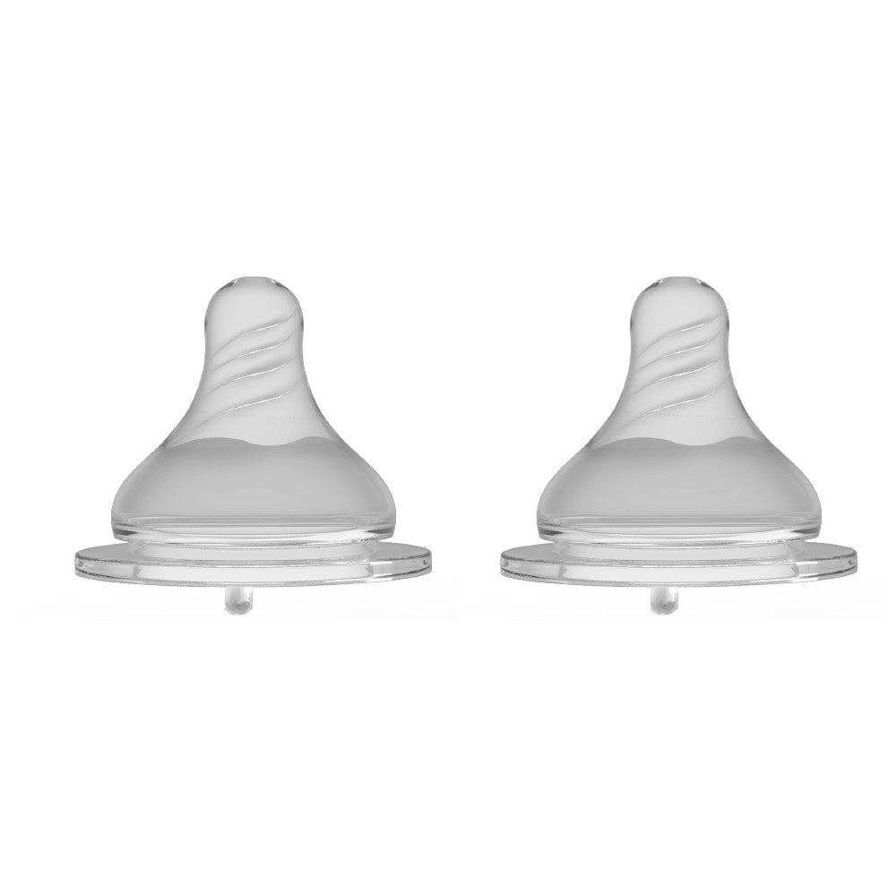 Two baby bottle teats on a white background