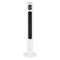 White tower fan with digital display on a white background