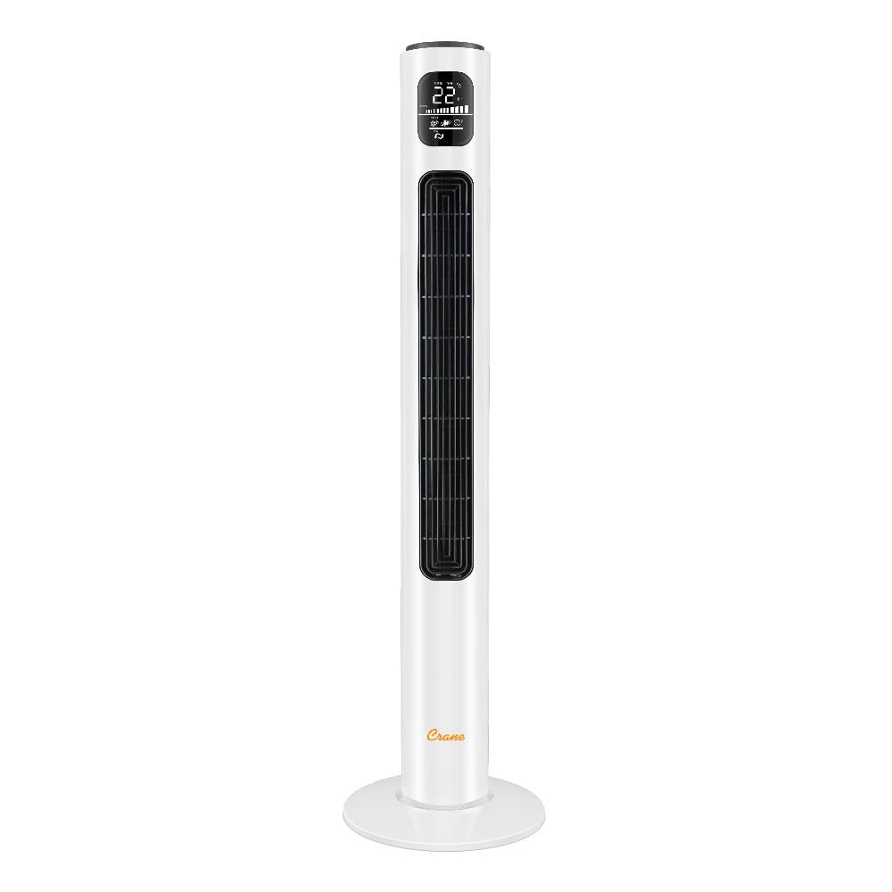 White tower fan with digital display on a white background