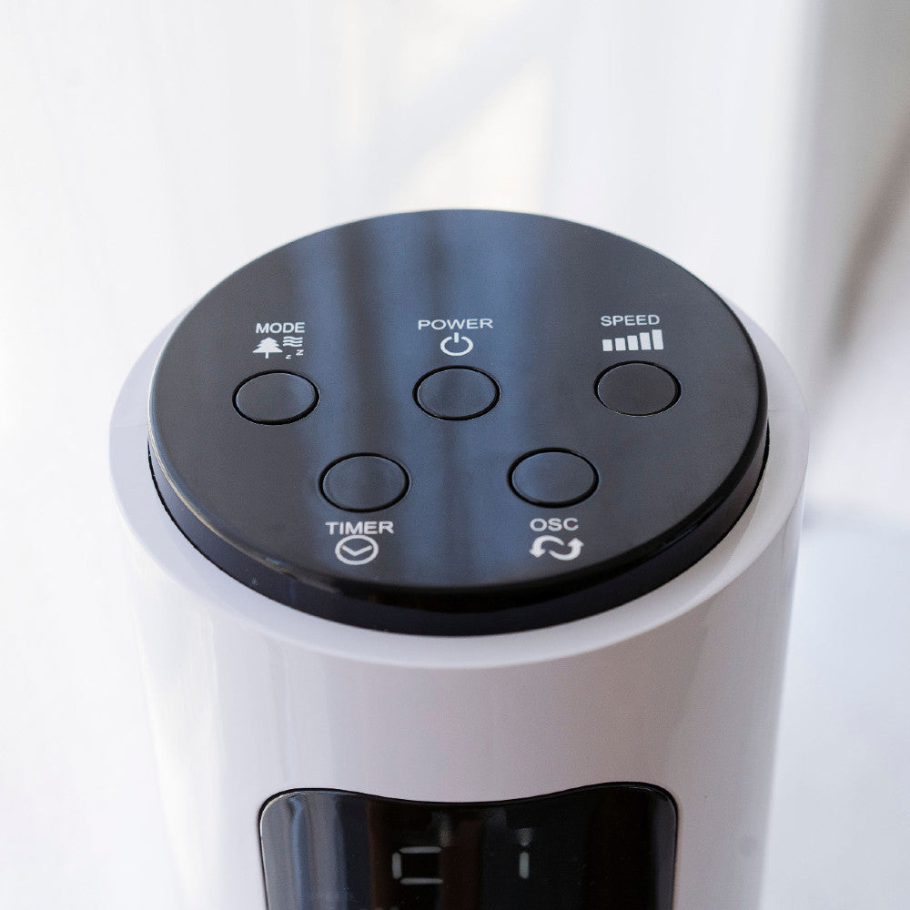 Tower Fan Control panel with buttons on a white background