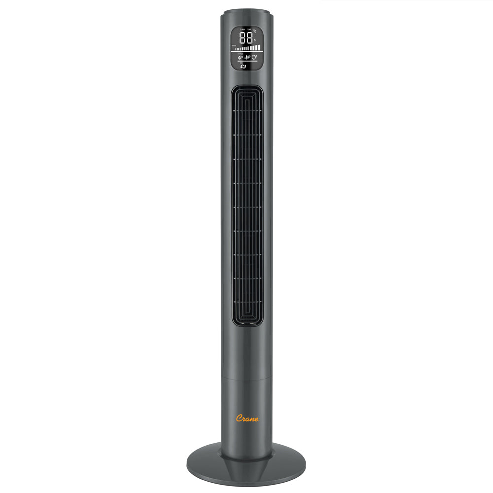 Charcoal tower fan with digital display on a white background