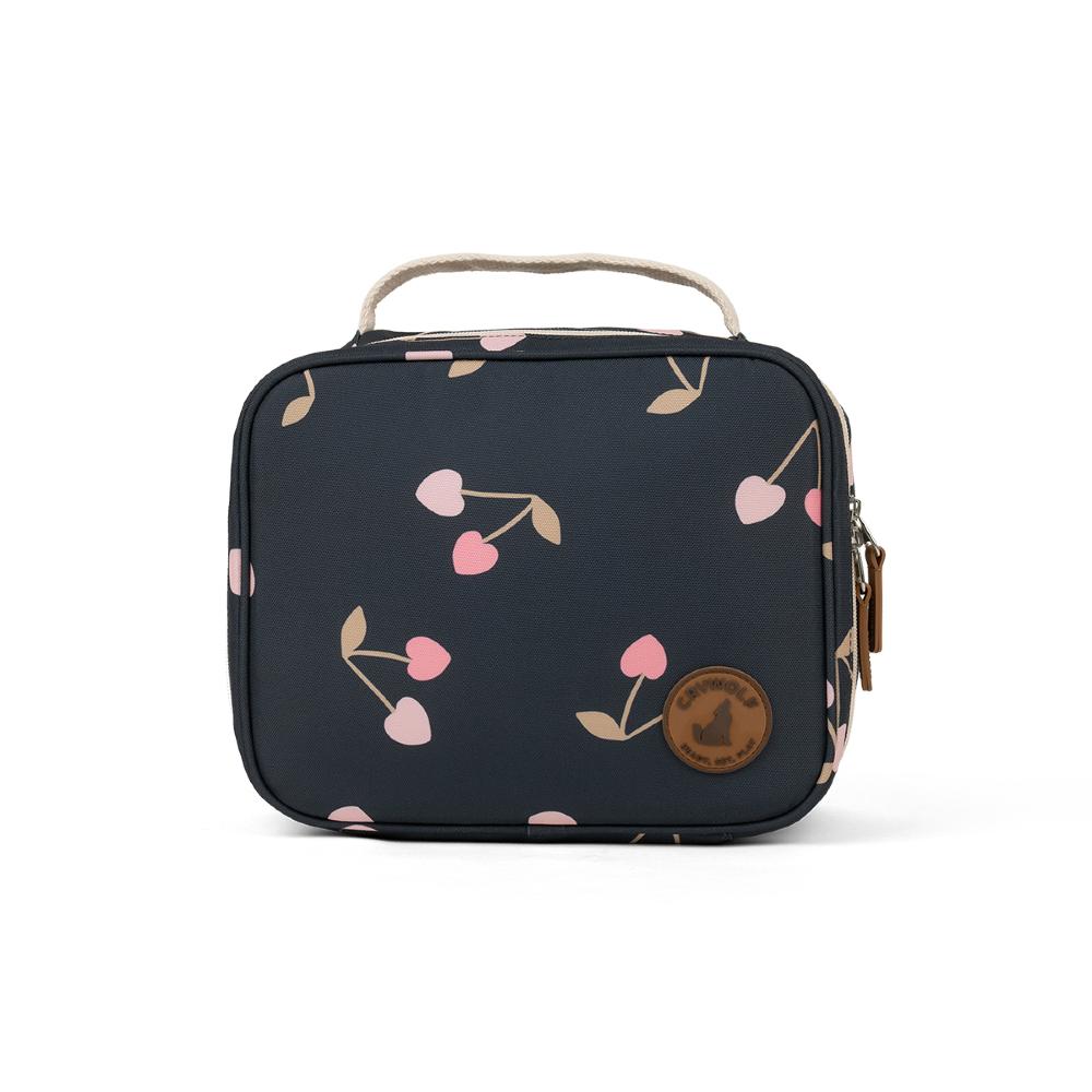 Small rectangular lunch bag with cherry pattern on a white background