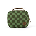 Green checkered lunch bag with brown accents on a white background