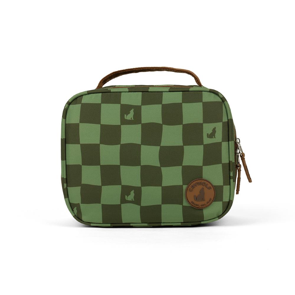 Green checkered lunch bag with brown accents on a white background