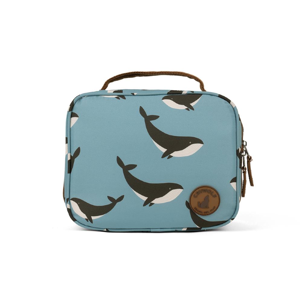 Rectangular blue lunch bag with whale pattern on a white background
