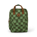A green checkered backpack with brown webbed top handles and a circular brown logo patch on the front pocket, shown against a plain white background.