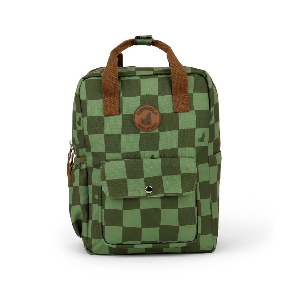 A green checkered backpack with brown webbed top handles and a circular brown logo patch on the front pocket, shown against a plain white background.