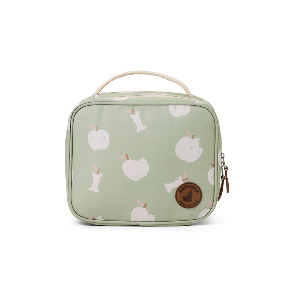 Green lunch bag with a white apple pattern on a white background