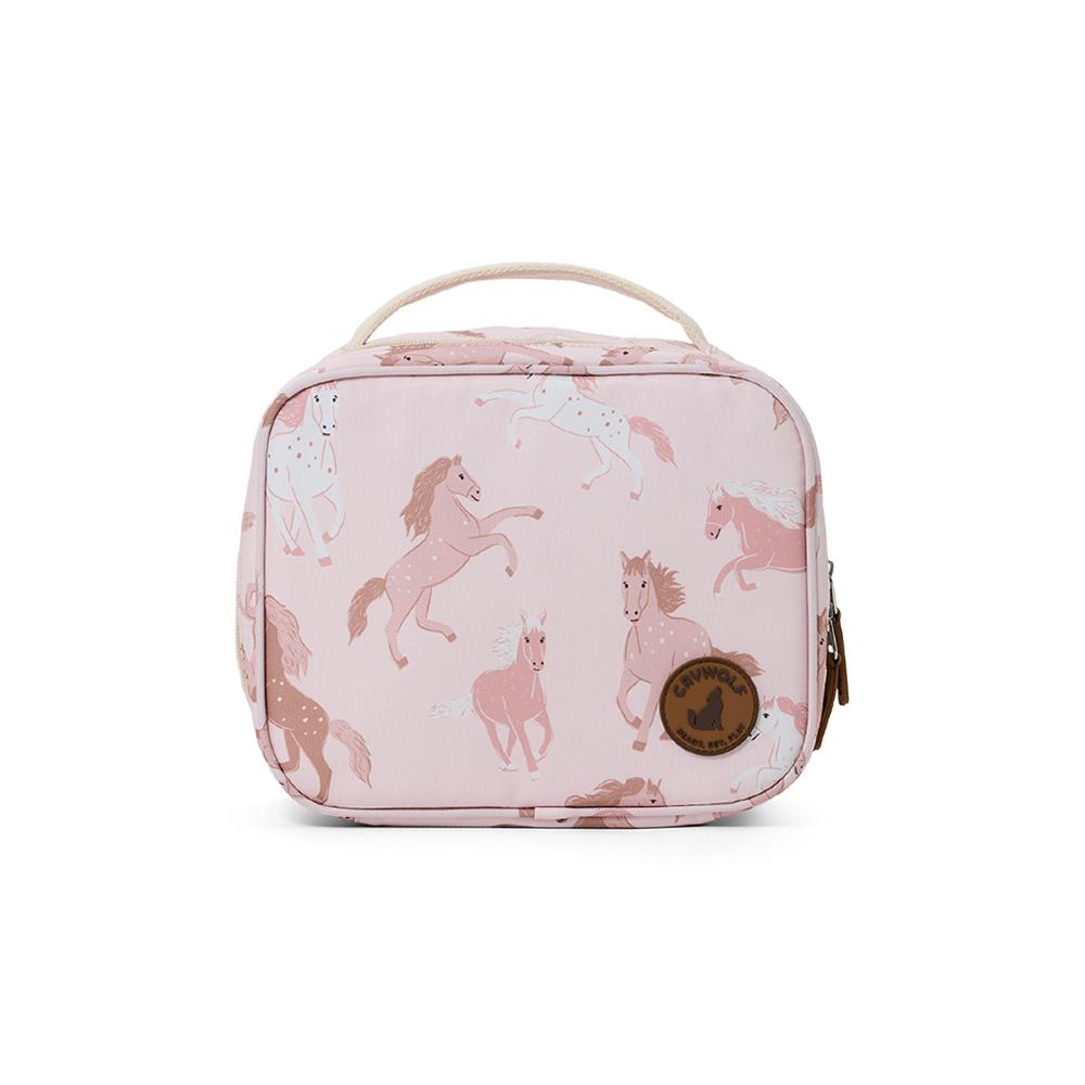 Pink lunch bag with horse pattern on a white background