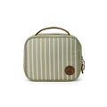 Green striped lunch bag with a brown handle and zipper on a white background
