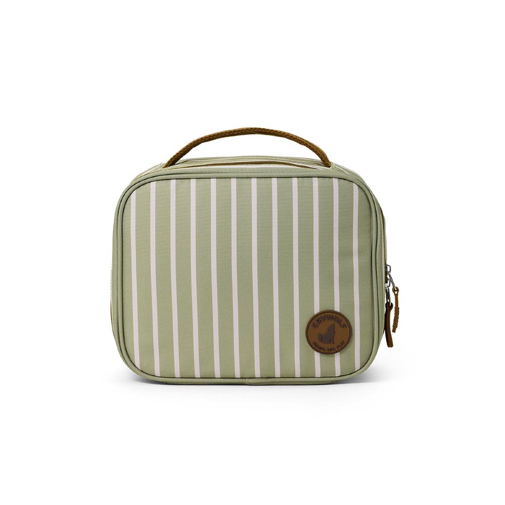 Green striped lunch bag with a brown handle and zipper on a white background