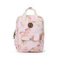 Pink backpack with horse pattern on a white background