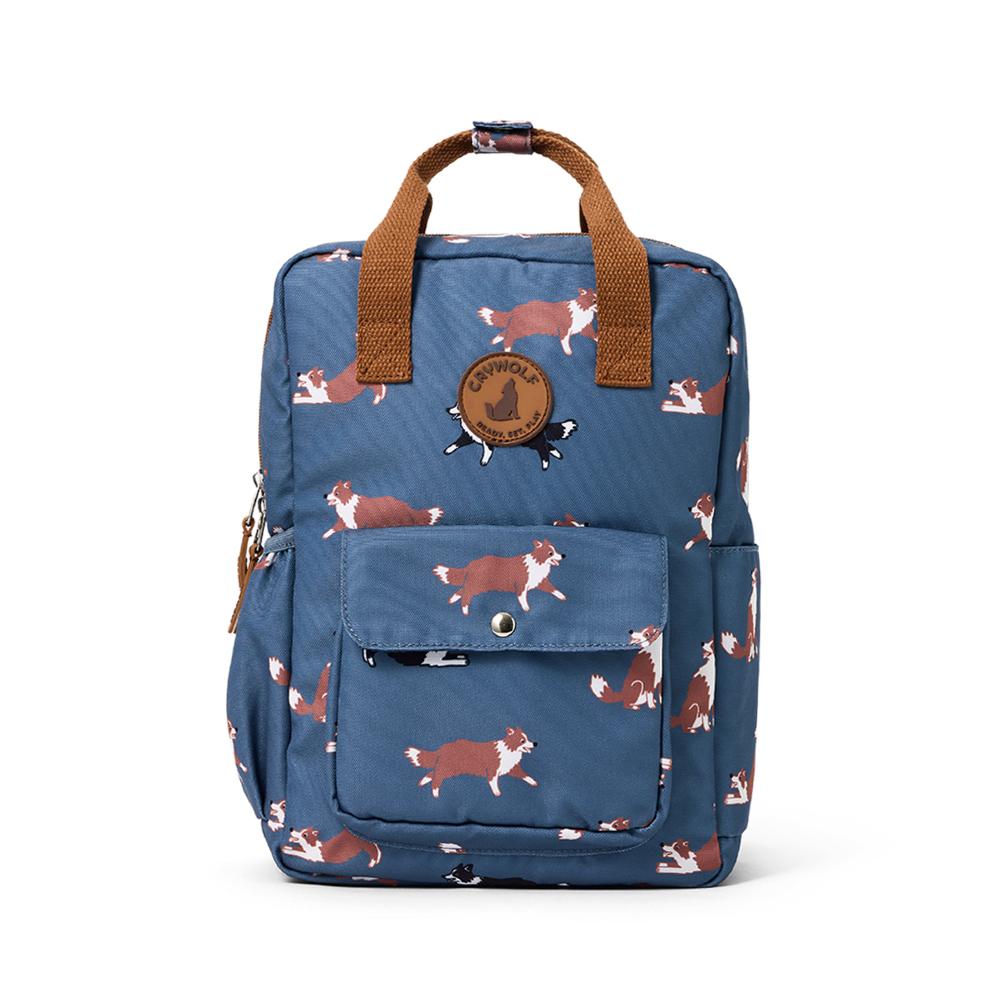 Blue backpack with dog pattern and brown handles on a white background