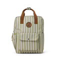 Green and white striped backpack with brown straps on a white background