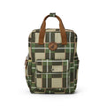 Green plaid backpack with brown straps on a white background