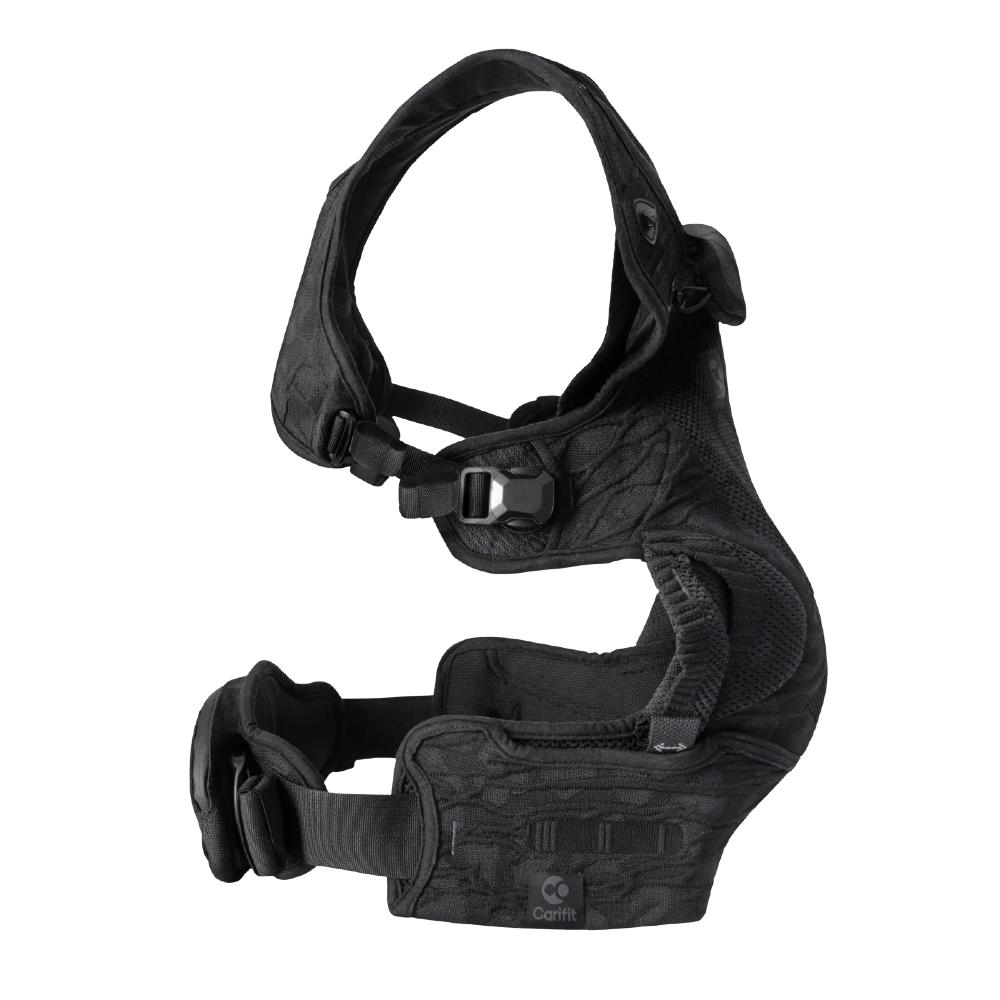 Side view of Carifit baby carrier showing waist support and magnetic buckles on white background